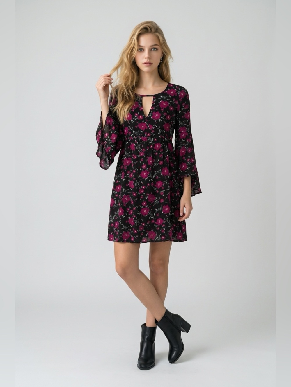 American Eagle Outfitters Black Mini Dress with Magenta Floral Print